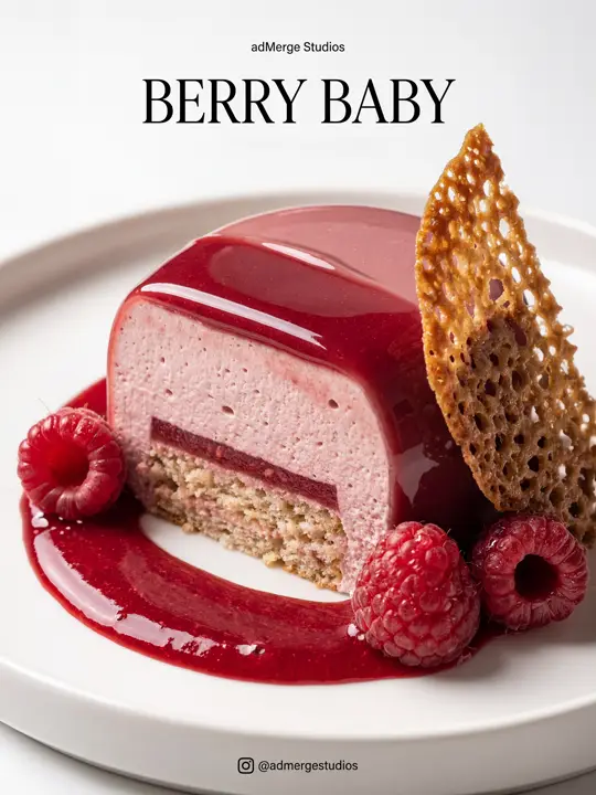 Dessert poster: A glossy berry dessert with a bold serif headline.