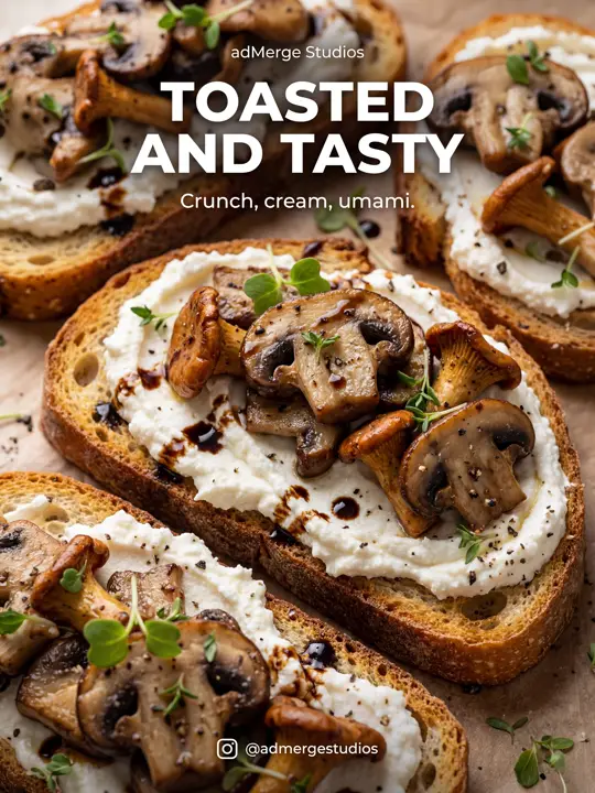 Menu poster: Mushroom toasts with a punchy headline and tagline.