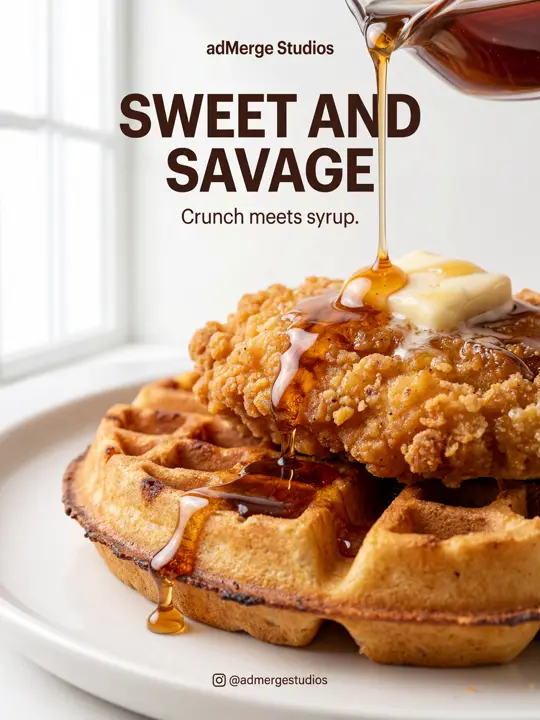Pour shot poster: Syrup poured over chicken and waffles, caught mid-drip.